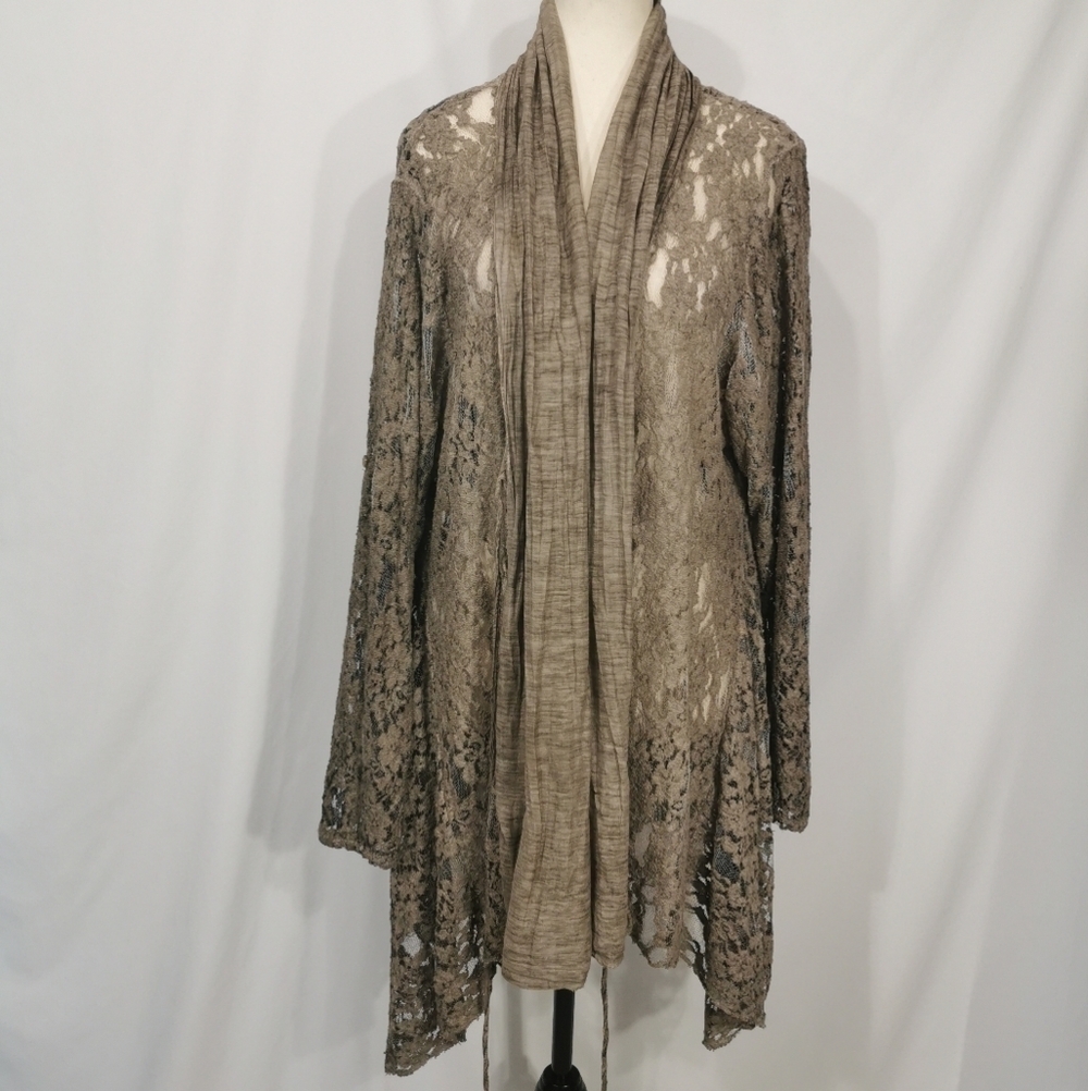 Lace Open-Front  Lace kimono style jacket  in Taupe. With front tie.